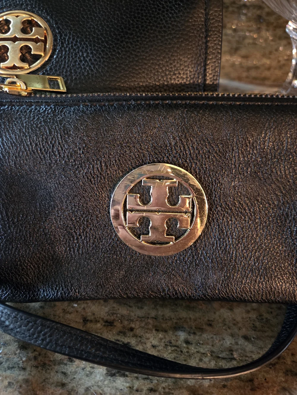 Tory Burch Black Leather Crossbody Bag And  Wristlet with Gold Logo